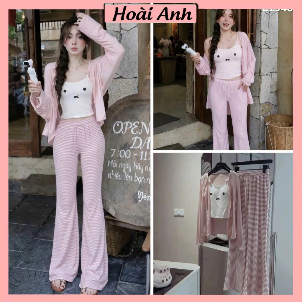 Set Bộ Đồ Nữ 3 Món Áo Khoác Cadigan Hồng Kèm Áo 2 Dây Trắng In Mèo Mix Quần Dài Kẻ Ngang Hồng Ống Loe