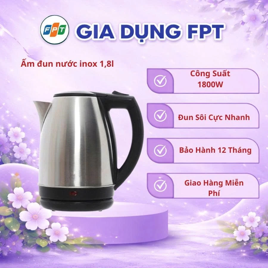 Ấm đun nước siêu tốc Inox 1.8 Lít Electric Kettle chính hãng, sôi nhanh tự ngắt