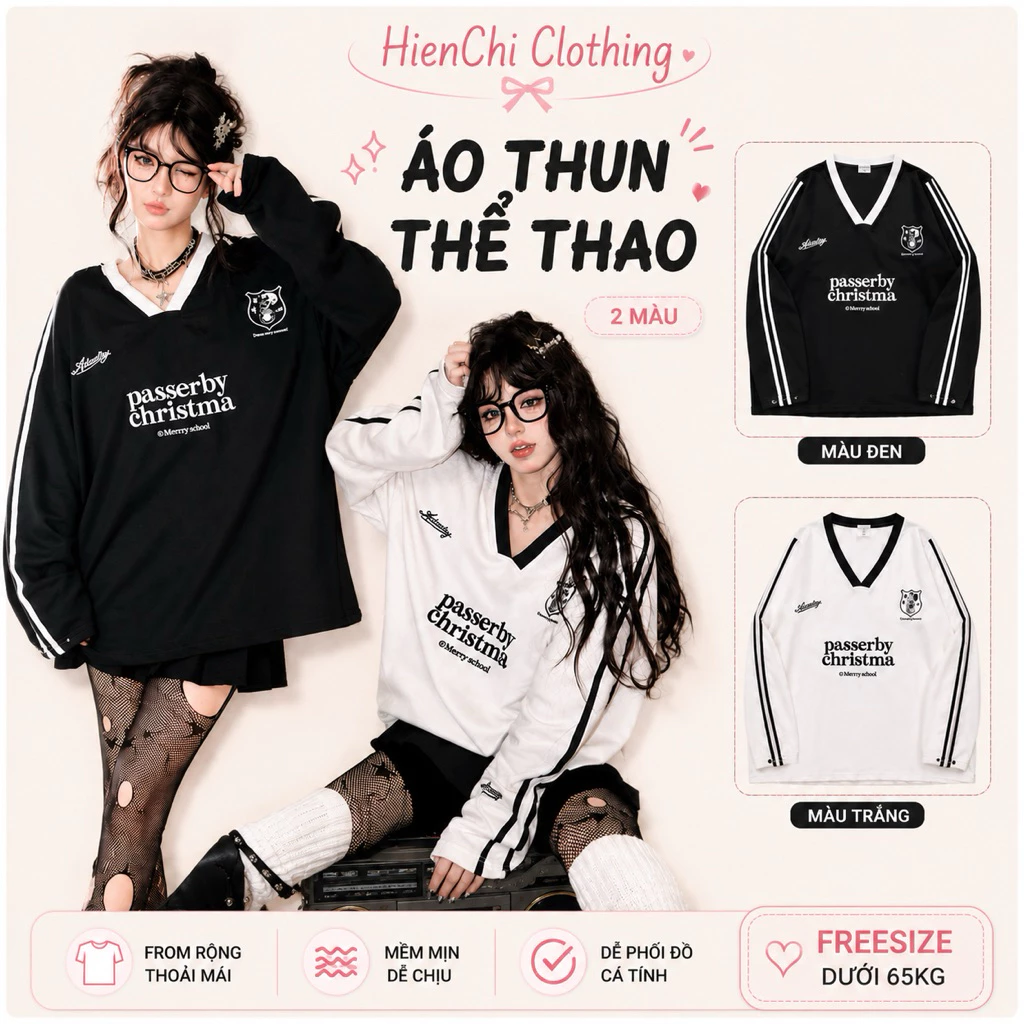 Áo Nỉ Sweater Nữ Cổ V In Chữ PASSERBY CHRISTMAS . Áo Nỉ Phối Tay Sọc Form Rộng Phong Cách Hàn Quốc