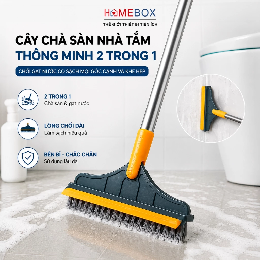 Cây chà sàn nhà tắm thông minh 2 trong 1, Chổi gạt nước cọ sạch khe hẹp và góc tường thông minh