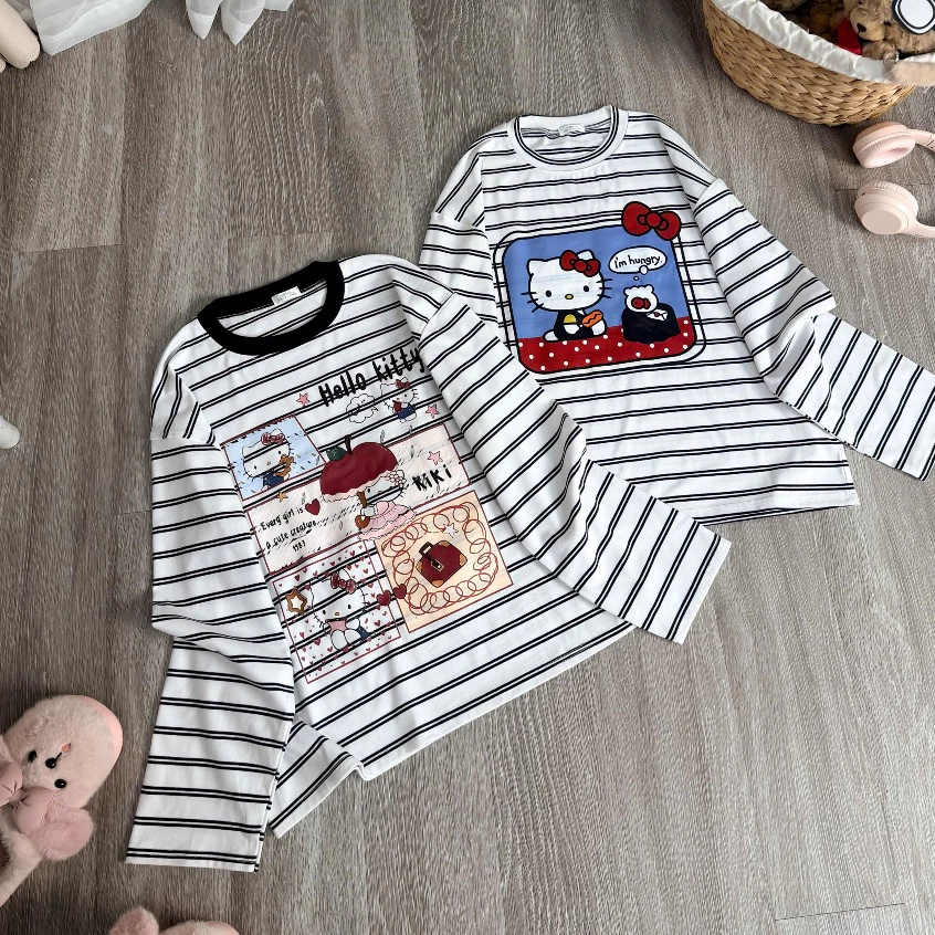 Áo thun cổ tròn dài tay Genzstudio kẻ in hình mèo nơ phong cách trẻ trung cá tính mặc hè thu đông