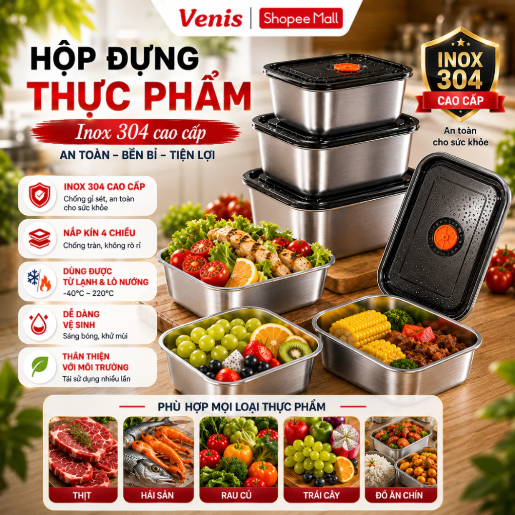 Hộp Đựng Thực Phẩm Inox 304 Nắp Hút Chân Không, Hộp Bảo Quản Thực Phẩm Tủ Lạnh 1200ML/1500ML