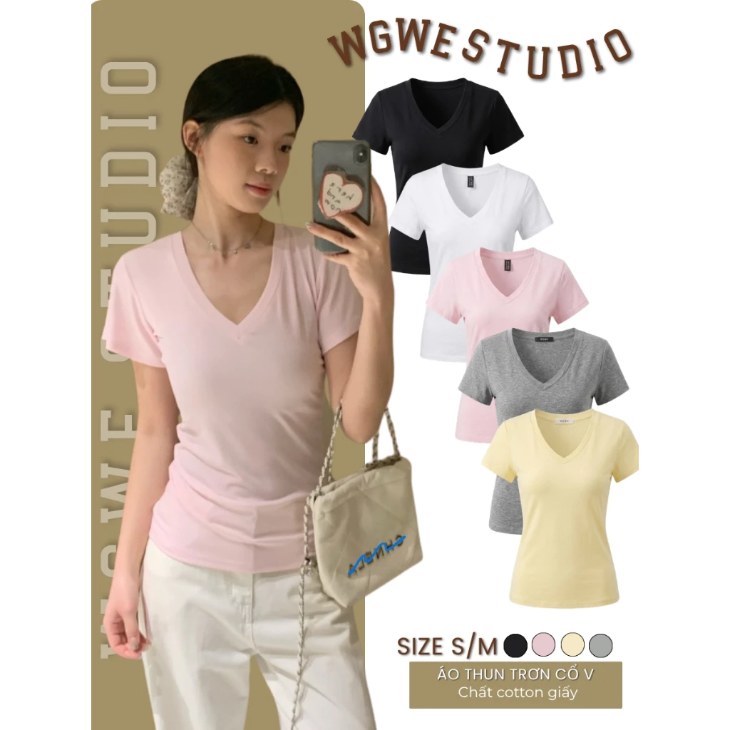 WGWE Studio Áo Thun Nữ Cổ Tim Tay Ngắn Form Vừa – Áo Cotton Hàn Quốc Tôn Dáng Thanh Lịch 8774