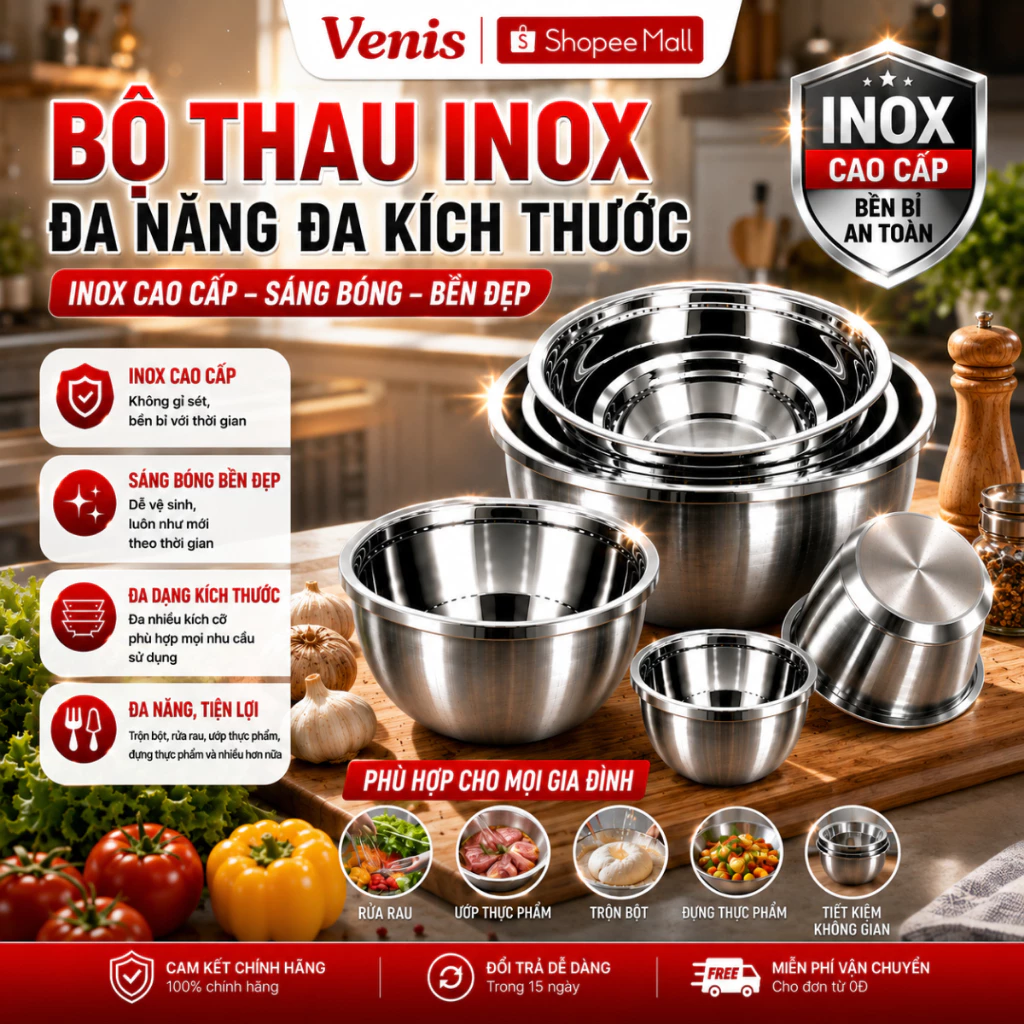 Thau Inox Sâu Lòng Cao Cấp 18-32cm, Chậu Inox Dày Dặn Có Viền Cầm Tay, Đựng Thực Phẩm Đa Năng