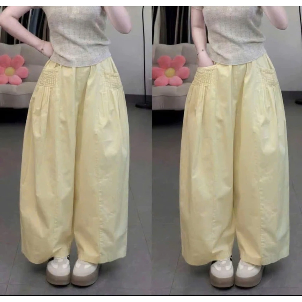 Quần baggy phom thụng phối xếp li vải kaki nhật mềm mát cạp chun mặc thoải mái