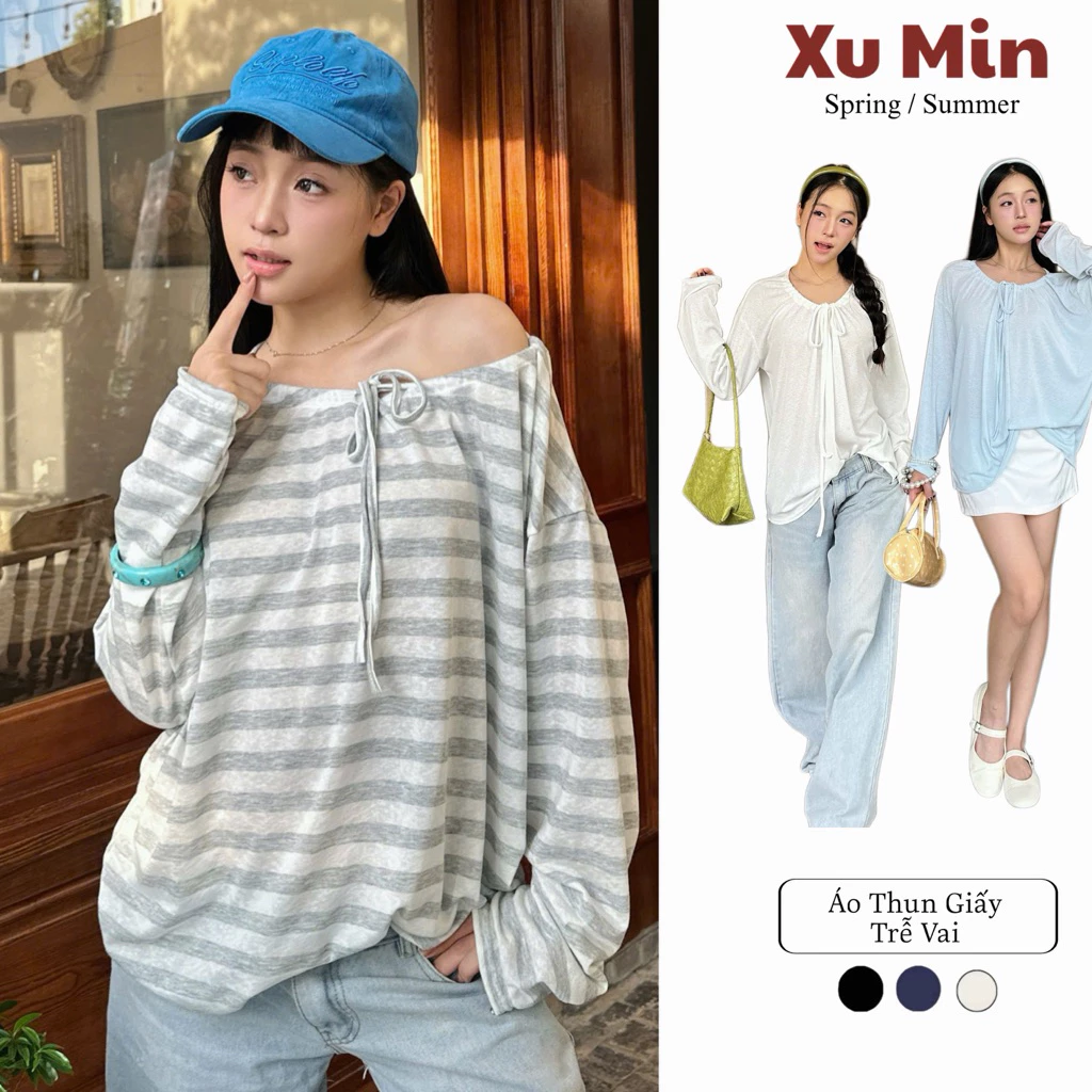 Áo Thun Xu Min Dài Tay Mặc Nhiều Kiểu Dây Rút Chất Cotton Giấy Dáng Rộng ( Thun Giấy Dây Rút Dài Tay )
