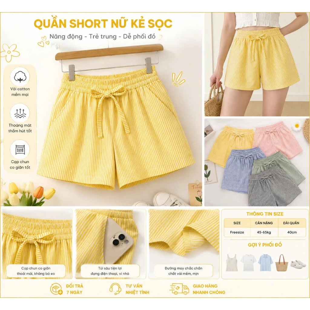 Quần Đùi Nữ Sọc Vàng Cạp Chun Co Giãn, Dáng Rộng Trẻ Trung, Mặc Nhà Đi Chơi Quần Short Nữ Kẻ Sọc Basic, Lưng Thun Dây Rú