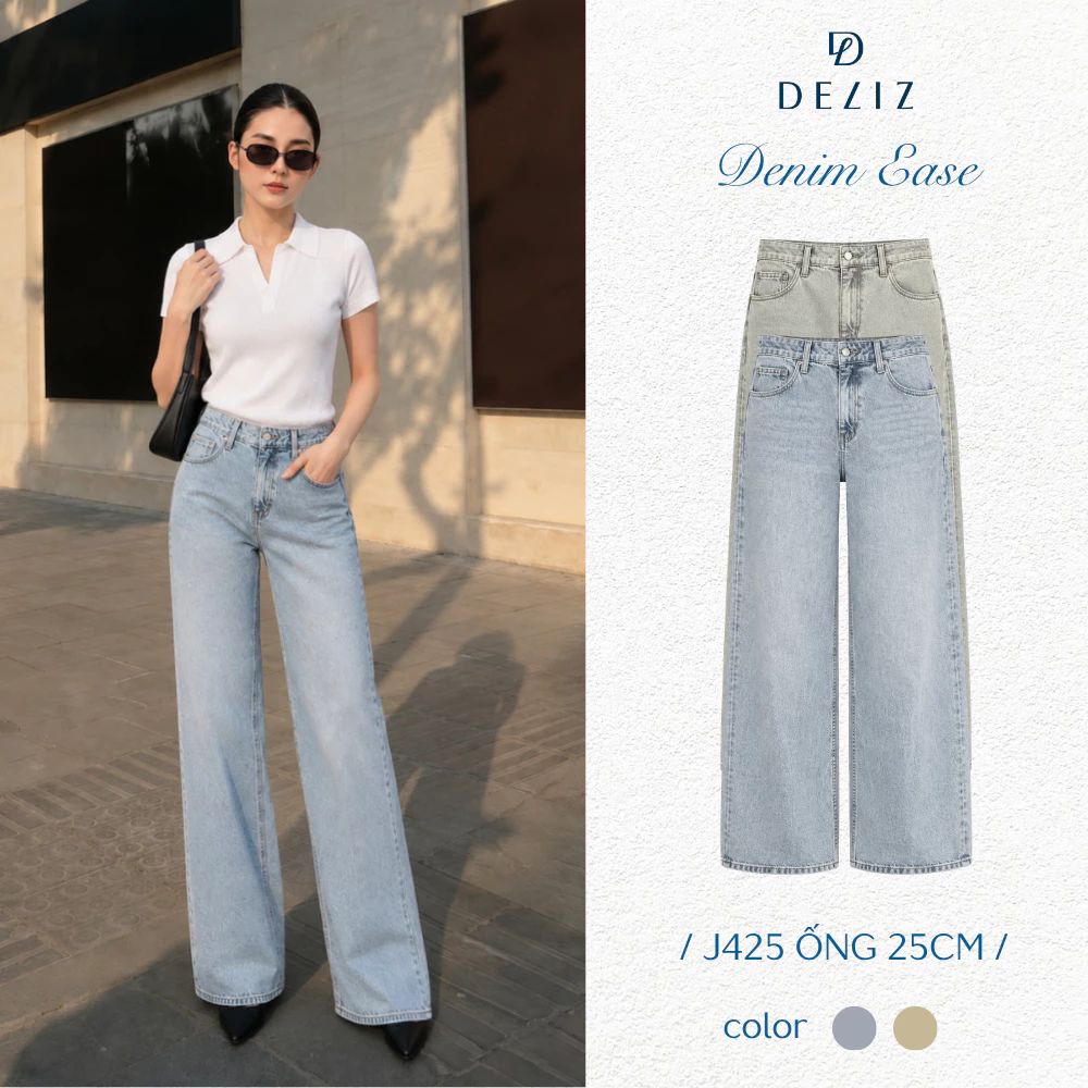 DELIZ - Quần jean nữ ống rộng dáng suông cạp cao denim wash màu basic dễ mặc J425 (đã cắt sẵn khuy)