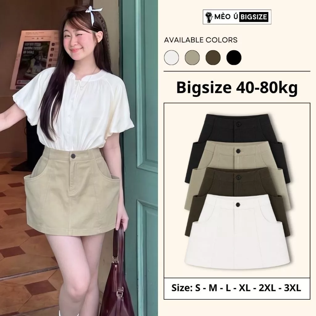 Chân váy nữ BIGSIZE Mèo Ú chân váy kaki chữ A cạp cao hack dáng phối túi phồng style Hàn Quốc 584