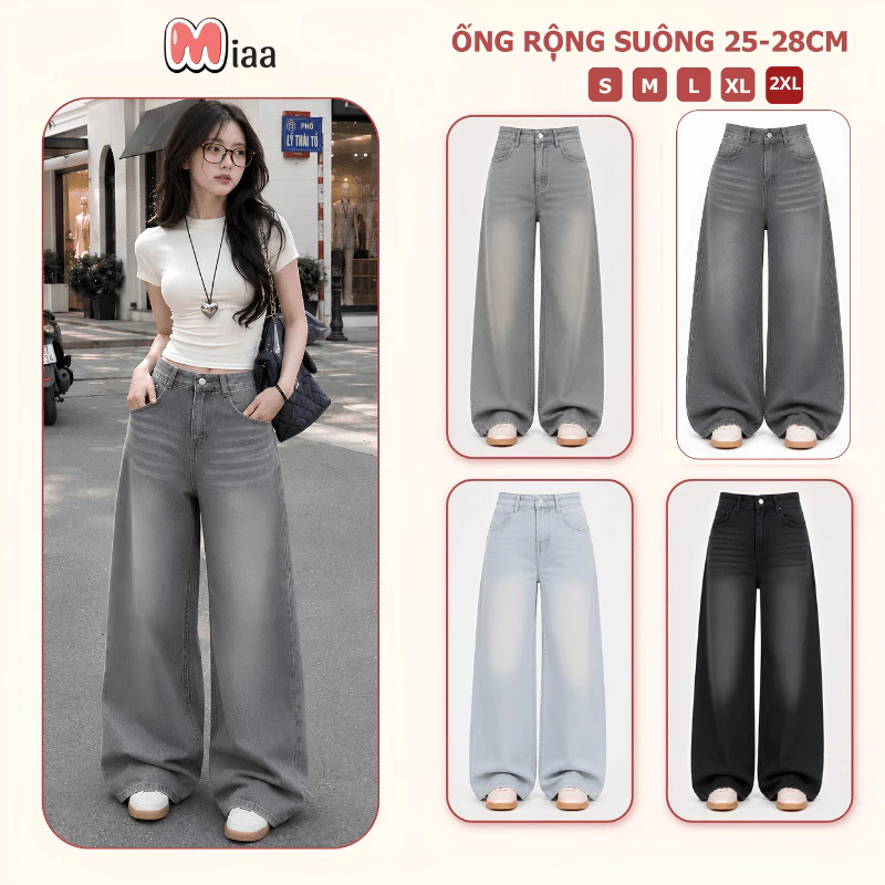 Quần Jean Nữ MIAA ống Suông Rộng Màu đen xám Lưng Cao Dáng Suông Chất Jean RETRO mềm CẠP CAO bigsize