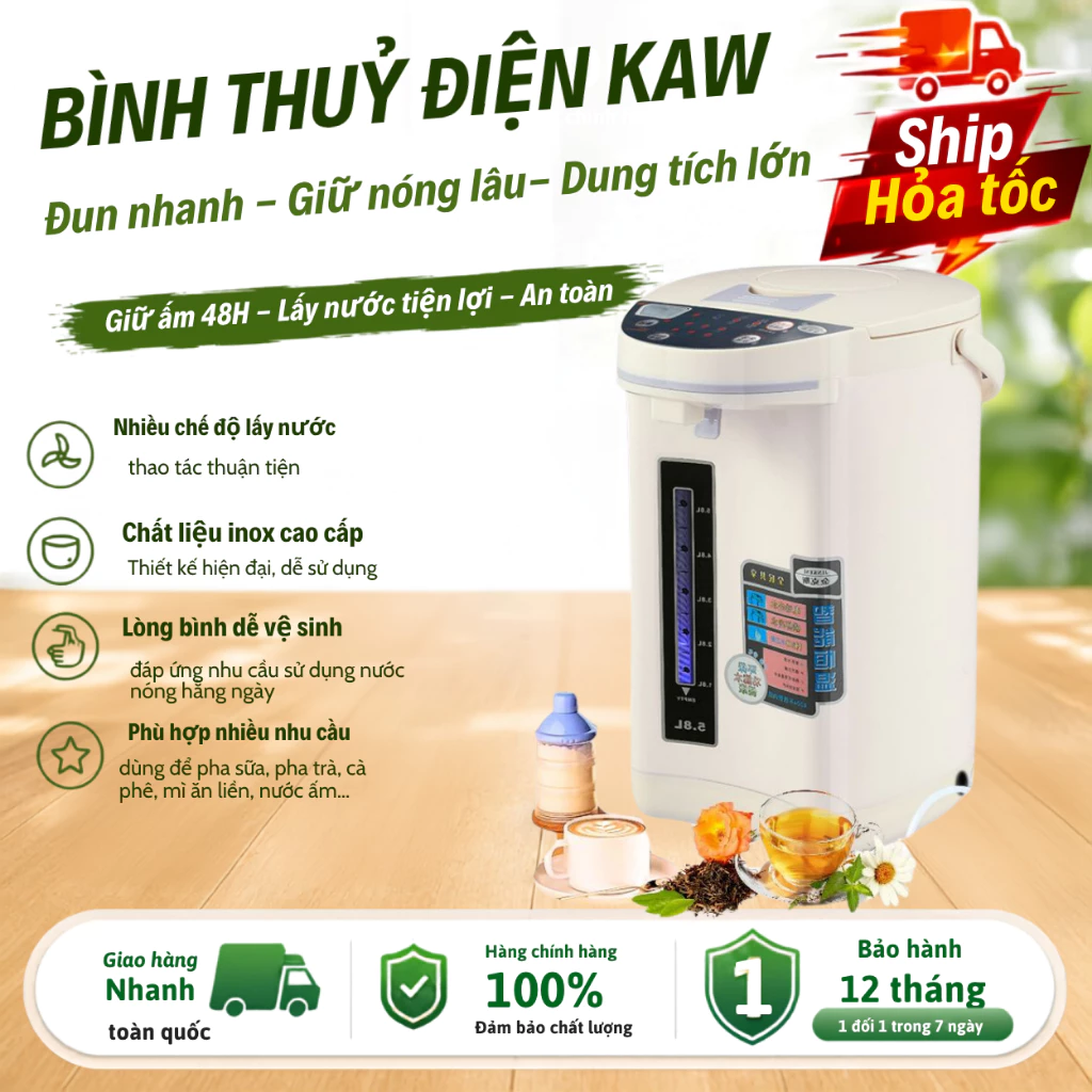 Bình Thủy Điện KAW K6 Tự Động Đun Nước Nóng Giữ Nhiệt 5.8L KAW công suất 750W- Bảo Hành 12 Tháng