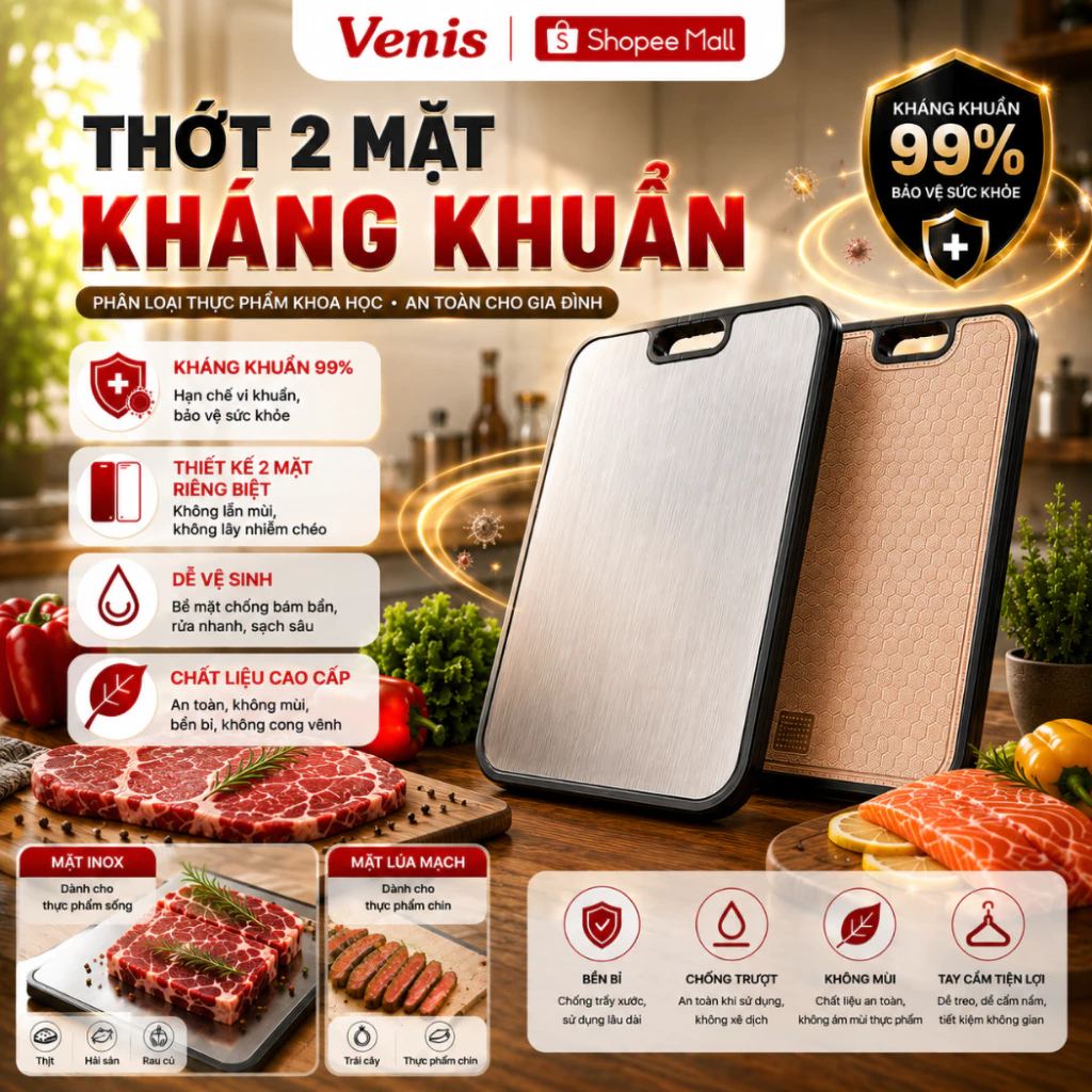 Thớt Inox 304 2 Mặt Kết Hợp Lúa Mạch Kháng Khuẩn, Thớt Cắt Thực Phẩm Chống Mốc Khử Mùi An Toàn