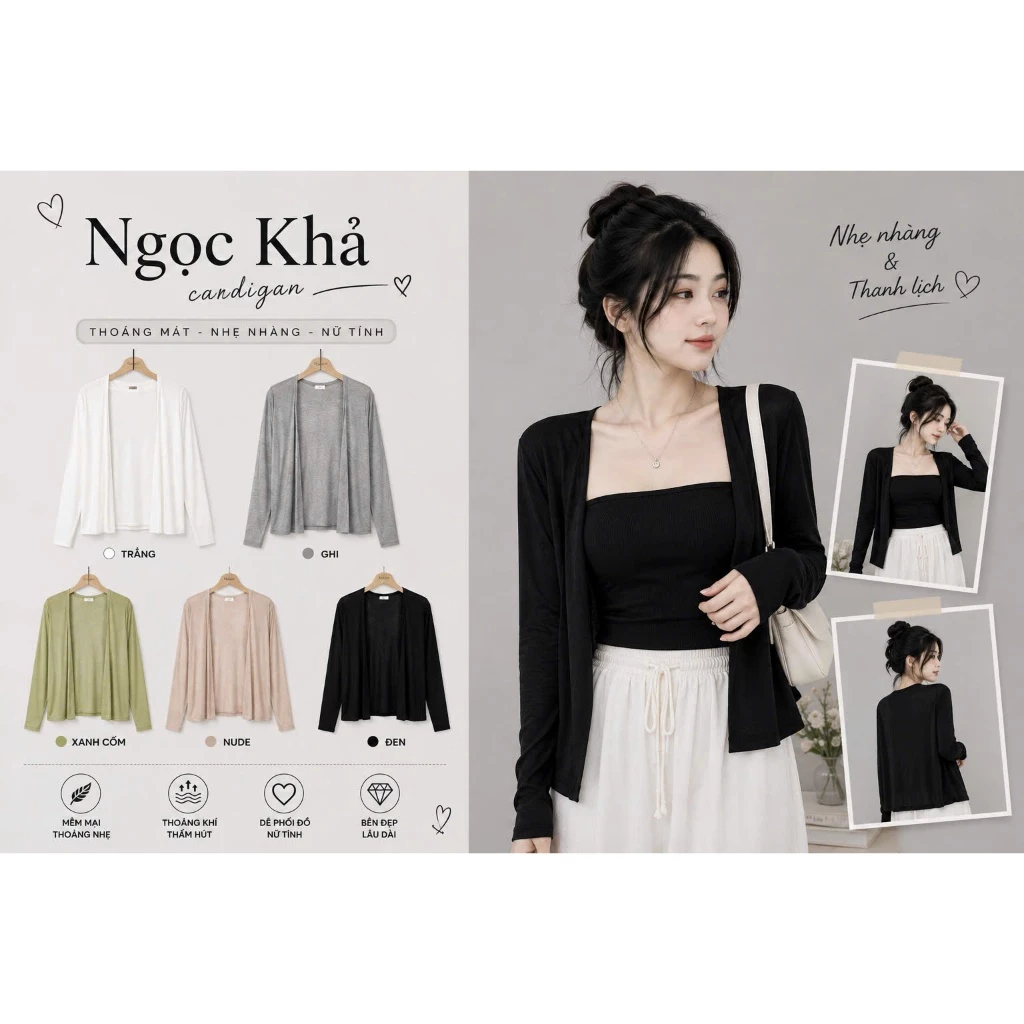 Áo Khoác Nữ Dạng Cardigan Trơn Mỏng Tay Dài Không Cúc Dáng Đẹp A40