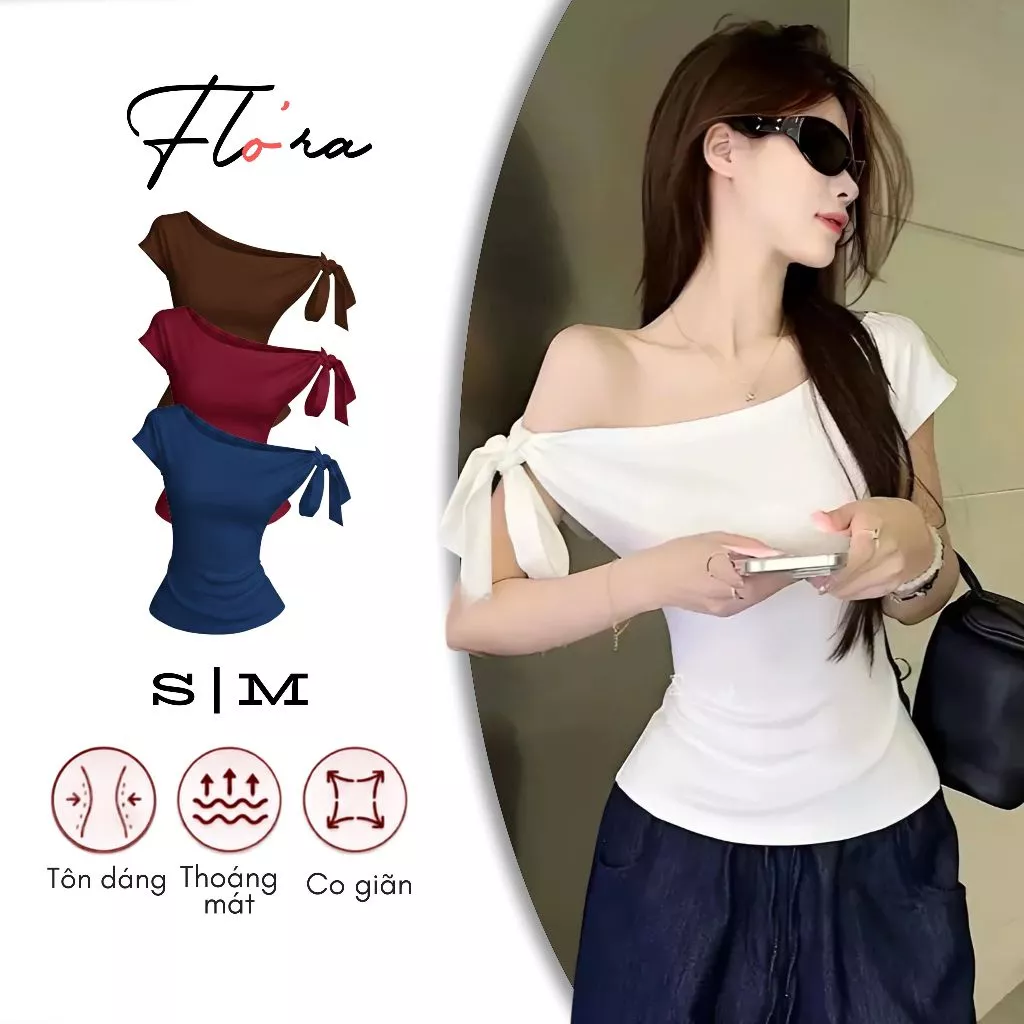 Áo Thun TRỄ VAI THẮT NƠ Dáng Dài Cộc Tay Mặc Nhiều Kiểu DD94, Áo Thun Nữ Chất Borip Lệch Vai Flo'ra