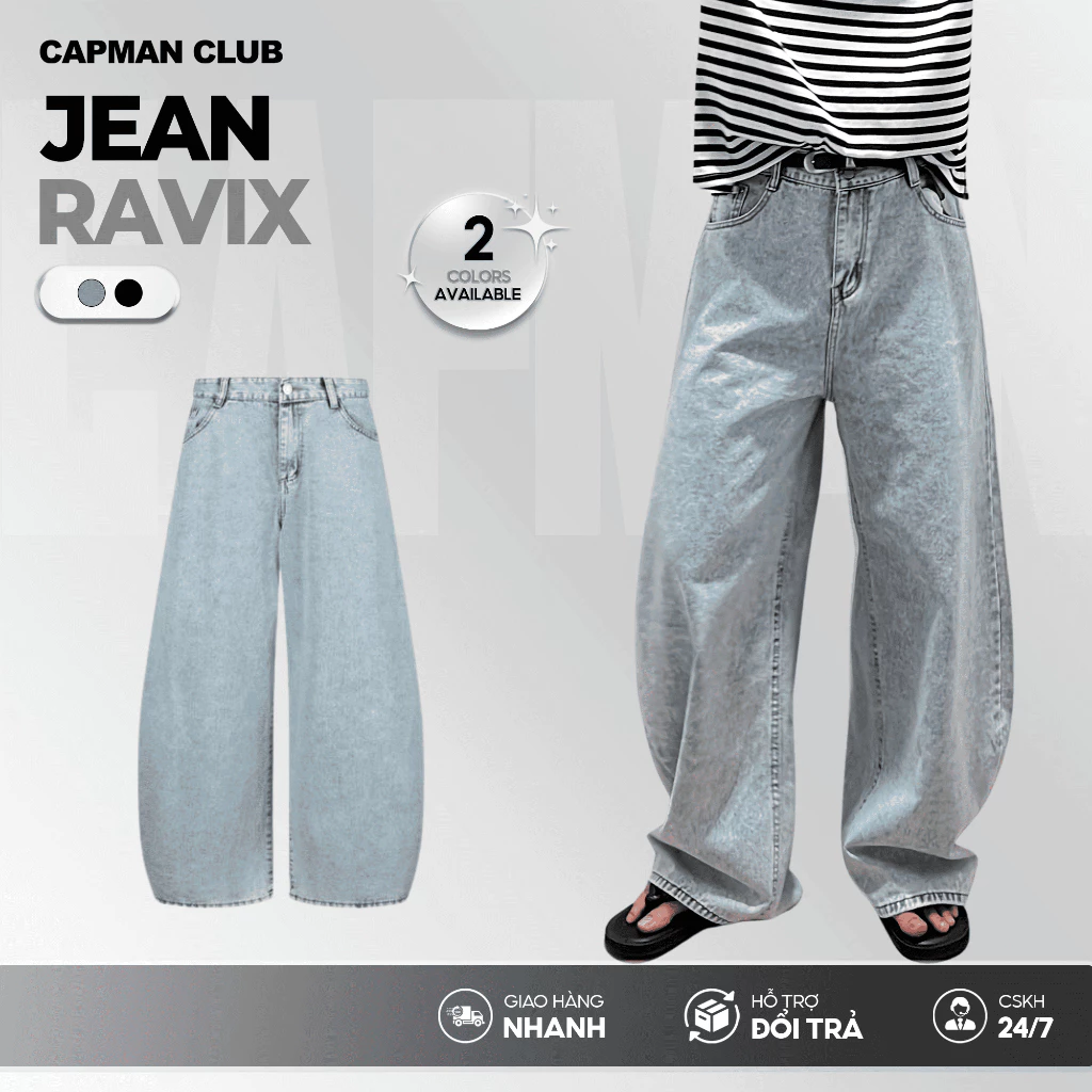 Quần jean nam dài ống rộng RAVIX, quần dài nam denim ống cong CAPMAN CLUB trẻ trung che khuyết điểm chân