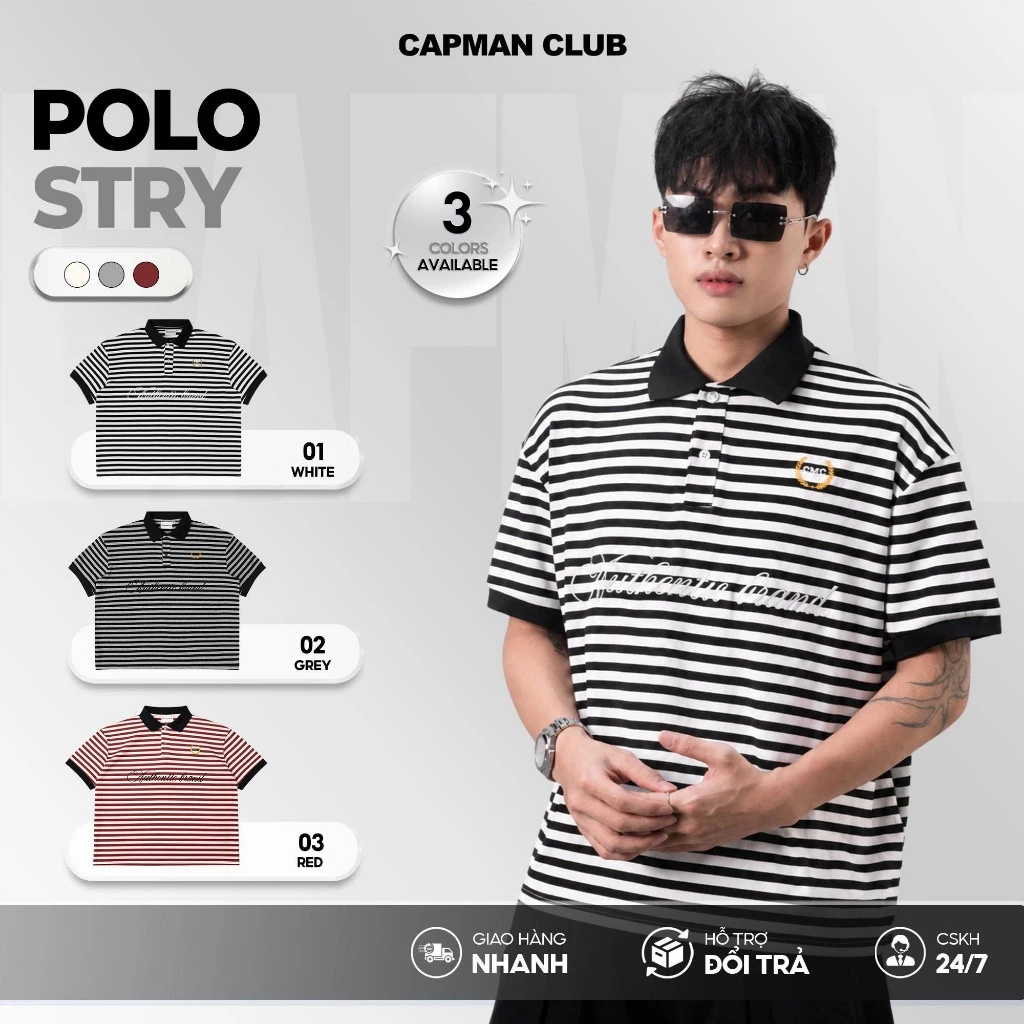 Áo thun Polo nam nữ sọc ngang STRY phom Boxy CAPMAN CLUB, áo polo unisex phom rộng trẻ trung thoải mái