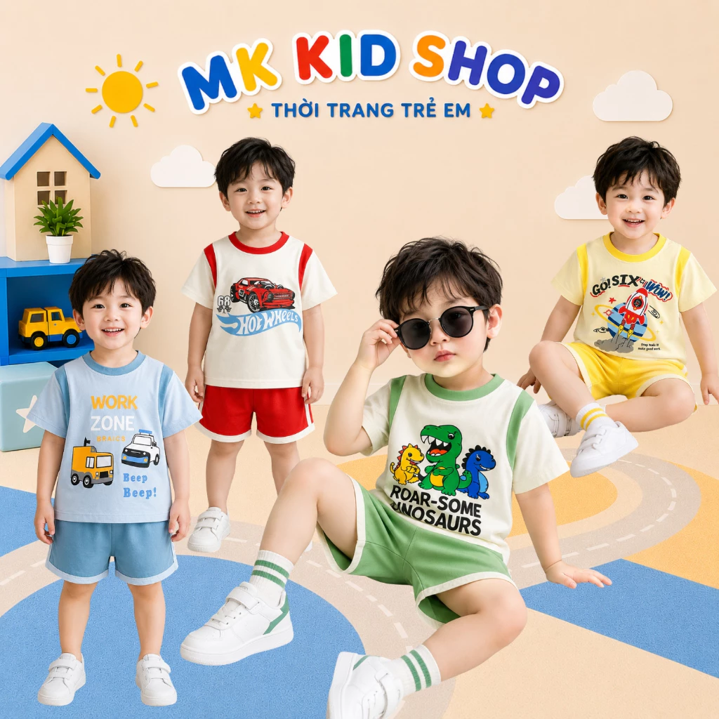 Đồ Bộ Bé Trai Cộc Tay 9-30kg Thun Lạnh Mềm Mát, Họa Tiết Ô Tô Siêu Nhân Khủng Long Mạnh Mẽ Cá Tính