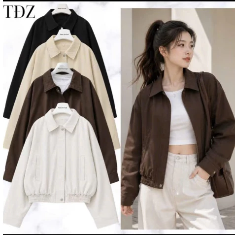 (Hàng Shop):Áo Khoác Bomber Kaki Cổ Sơ Mi Chun Gấu Khóa Kéo Đính Cúc 3 Màu-Ảnh Thật Lollaye