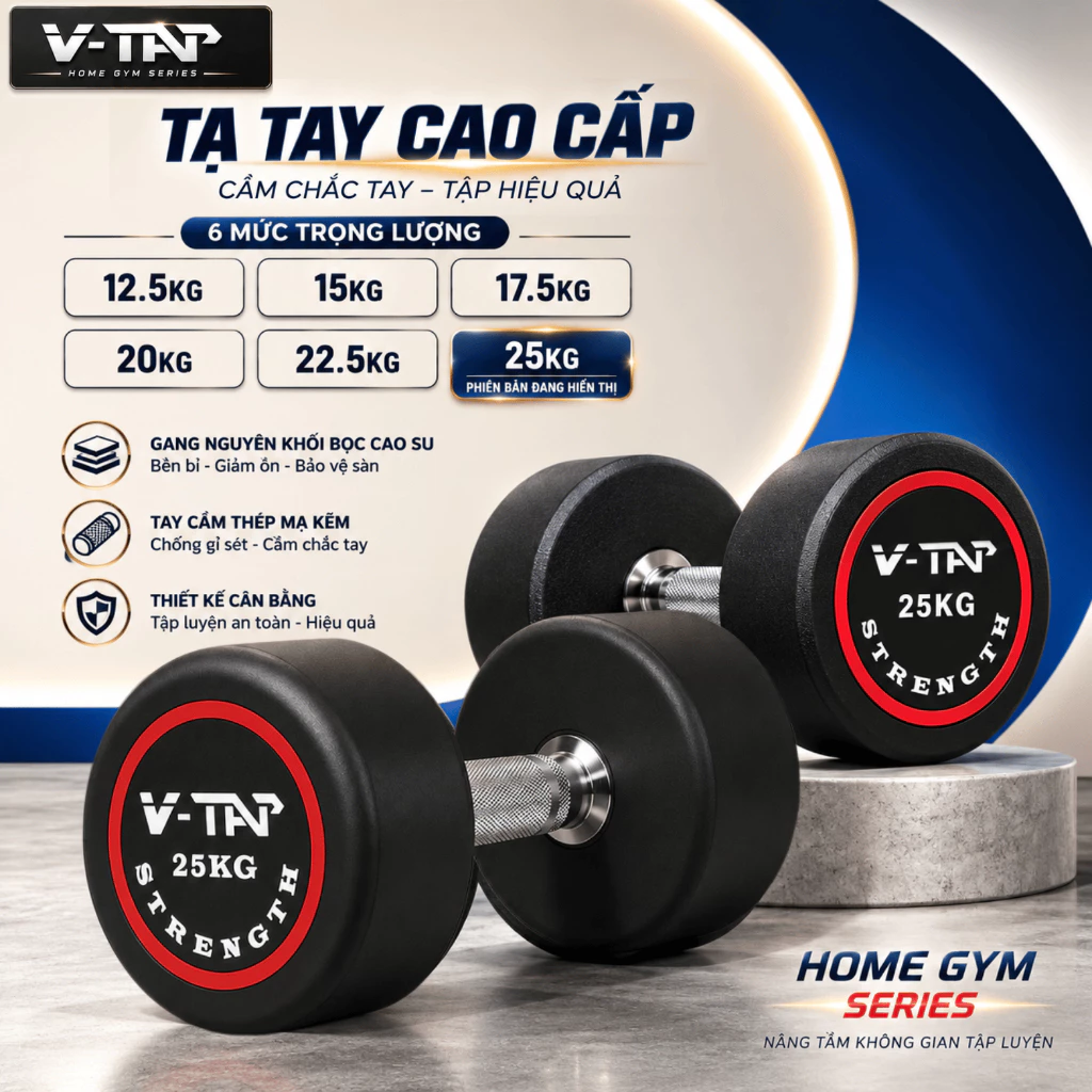 Tạ tay đơn lõi gang bọc cao su V-TAP 7,5kg, 10kg, 12,5kg, 15kg, 17.5kg, 20kg, 22.5kg, 25kg - 1 Quả