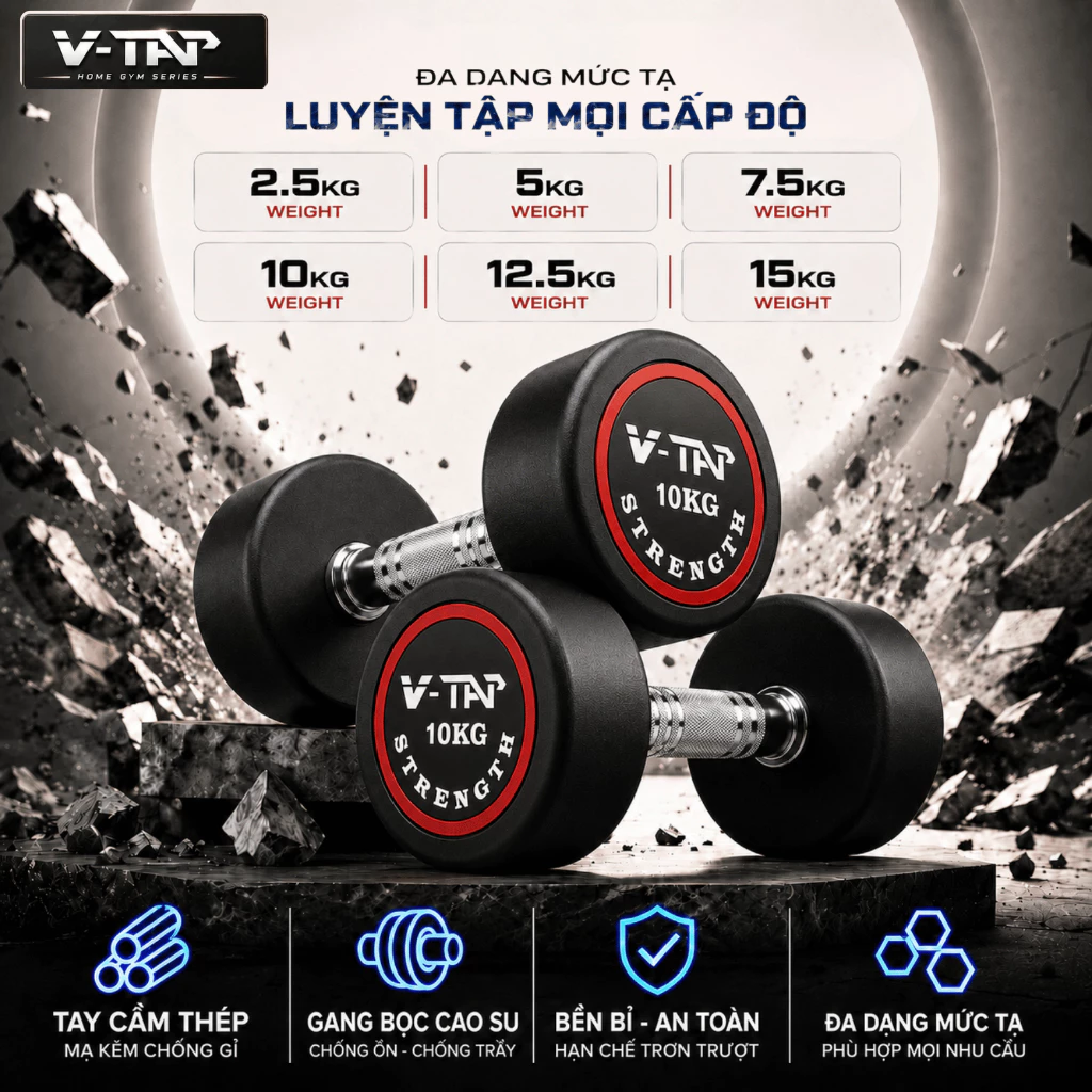 Tạ tay đơn tập gym V-TAP chất liệu gang bọc cao su loại 2.5kg, 5kg, 7.5kg, 10kg, 12.5kg - 1 Quả