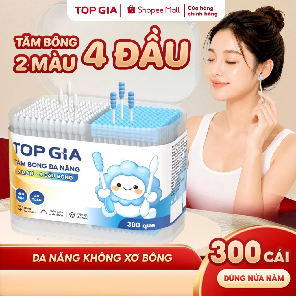 [HỘP LỚN 300 QUE] Tăm Bông ngoáy tai Topgia tăm bông ngoáy tai vệ sinh đa năng mềm mịn cao cấp 4 đầu