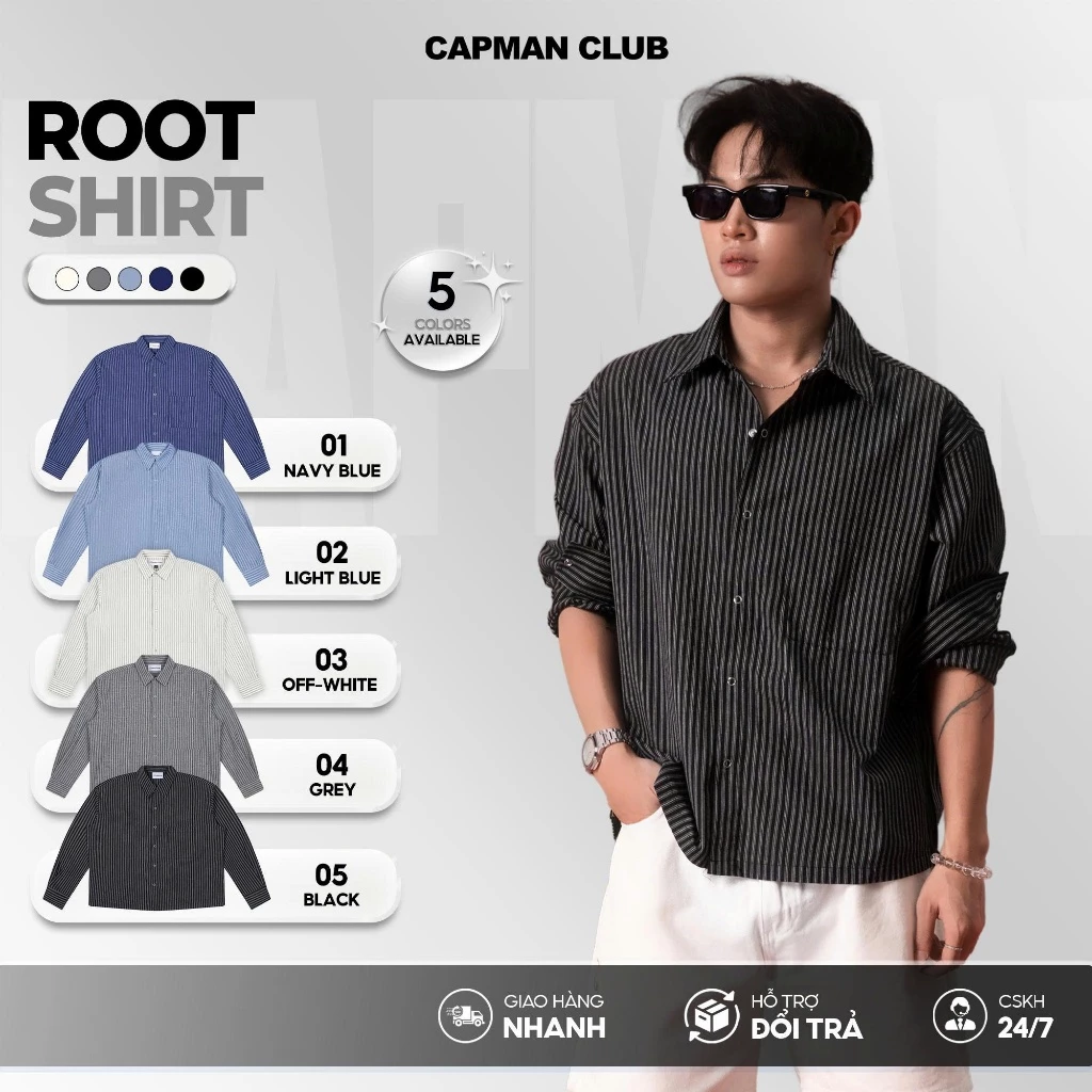 Áo sơ mi nam kẻ sọc tay dài ROOT phom rộng Boxy CAPMAN CLUB, sơ mi nam boxy sọc phong cách trẻ trung