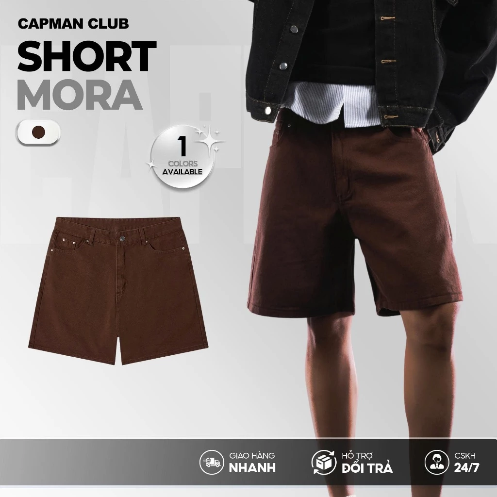 Quần short nam jean MORA màu nâu socola CAPMAN CLUB, phom rộng trên gối trẻ trung, thoải mái