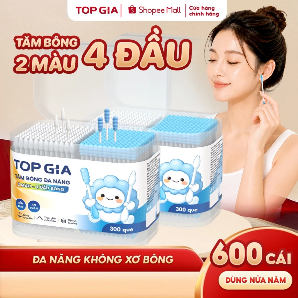 Combo 2 hộp 600 que tăm bông ngoáy tai Topgia 4 đầu đa năng vệ sinh mềm mịn, hộp lớn 300 que
