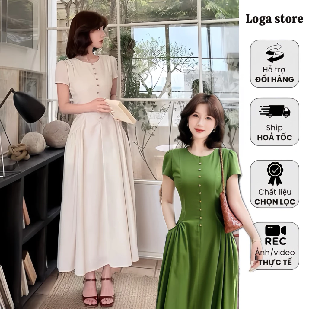 Đầm maxi nữ cổ tròn tay ngắn cài nút chiết eo dáng xòe màu kem phong cách Hàn Quốc Logastore_L8137
