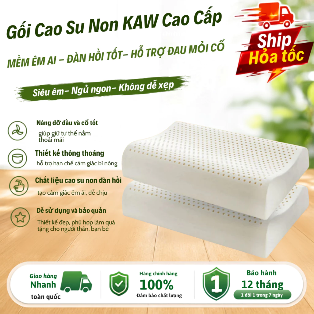 Gối Cao Su Non KAW Cao Cấp – Êm Ái, Đàn Hồi Tốt, Chống Đau Vai Gáy, Hỗ Trợ Ngủ Ngon