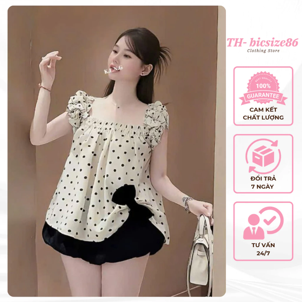 Set áo hai dây bồng dáng babydoll chấm bi phối kèm thắt nơ mix chân váy bí form dưới 60kg