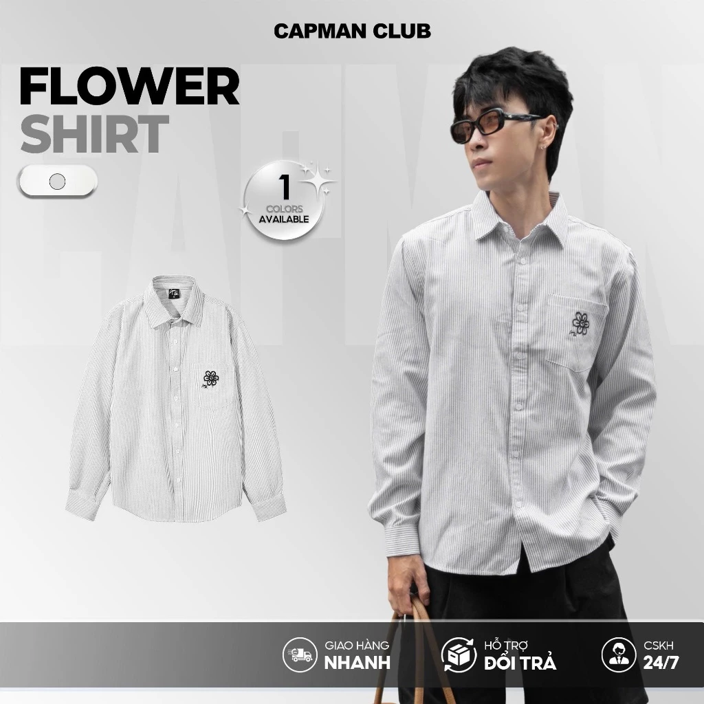 [OUTLET 50%] Áo sơ mi nam tay dài FLOWER sọc Oxford phom rộng CAPMAN CLUB, sơ mi unisex thêu hoa trẻ trung