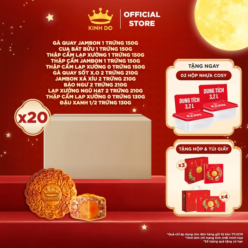 Thùng 20 Bánh Trung Thu Kinh Đô - Bánh Nướng Nhân Mặn 0 trứng, 1 trứng, 2 trứng 130g/150g/210g
