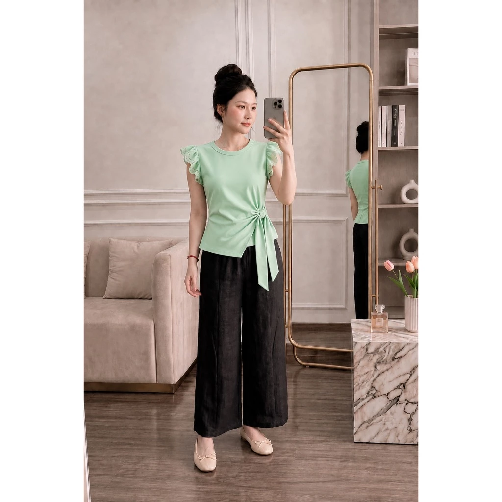 Áo Thun Nữ Tay Bèo Phối Ren Thắt Nơ Eo, Cổ Tròn Thanh Lịch, Áo Kiểu Nữ Dễ Phối Đồ Y52