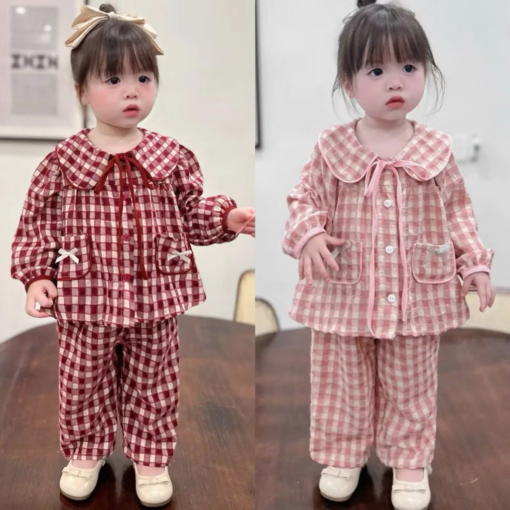 Bộ pijama caro cho bé gái cổ ren Tukibaby size 10-30kg, bộ đồ dài tay thu đông cho bé gái