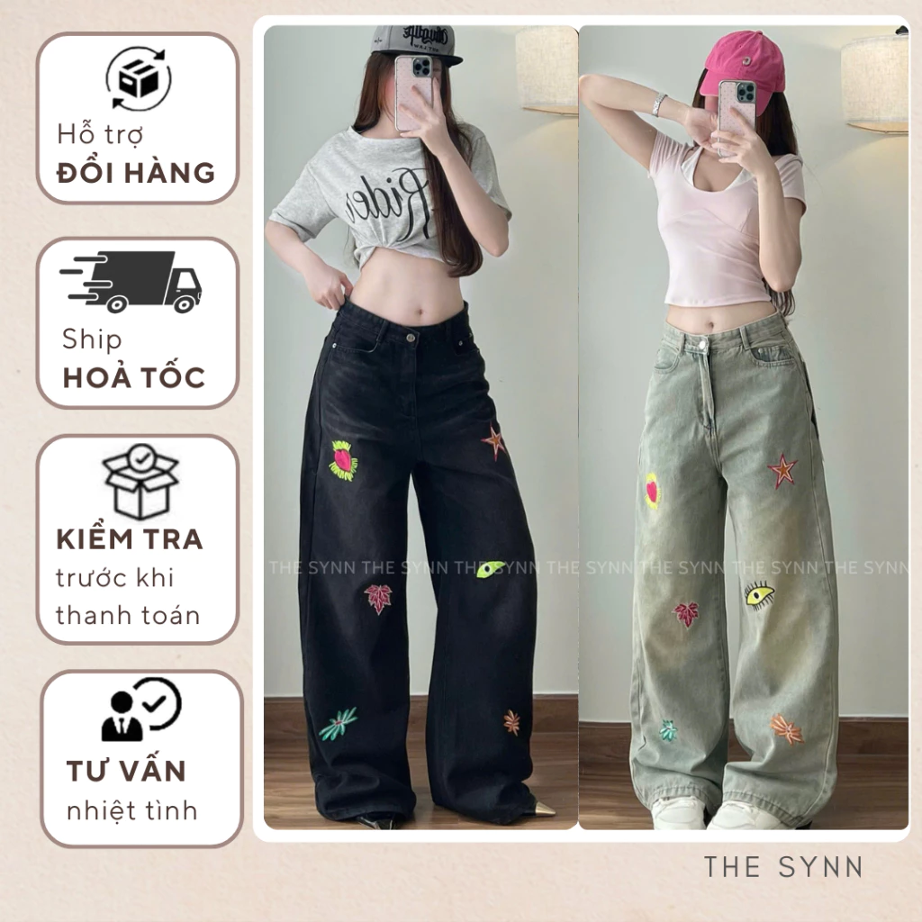 Q03 - Quần Jean Nữ Unisex Ống Suông, Form Rộng Lưng Cao Thêu Hoạ Tiết