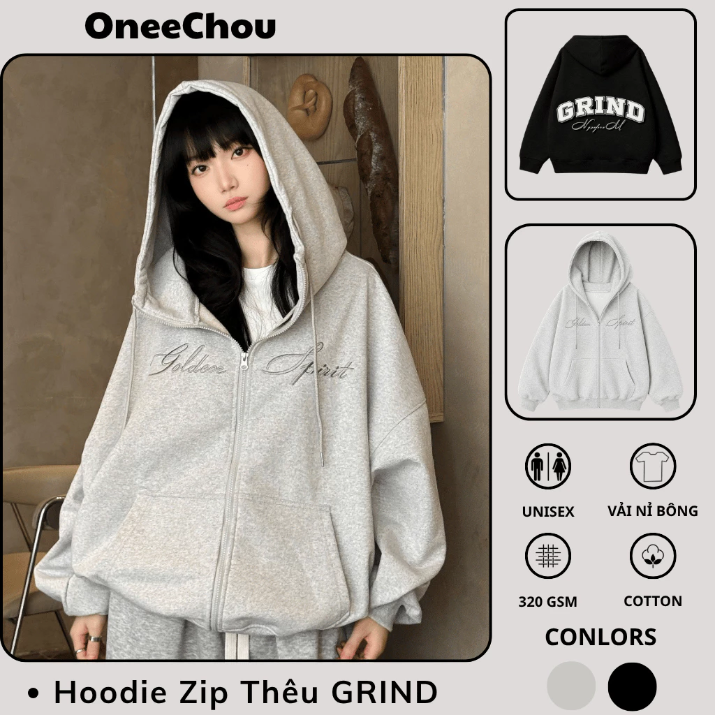 Áo Khoác Hoodie Zip Nỉ Bông Cổ Cao Thêu GRIND Form Rộng Nam Nữ Unisex 2 Màu Xám Tiều và Đen (Không xù lông)