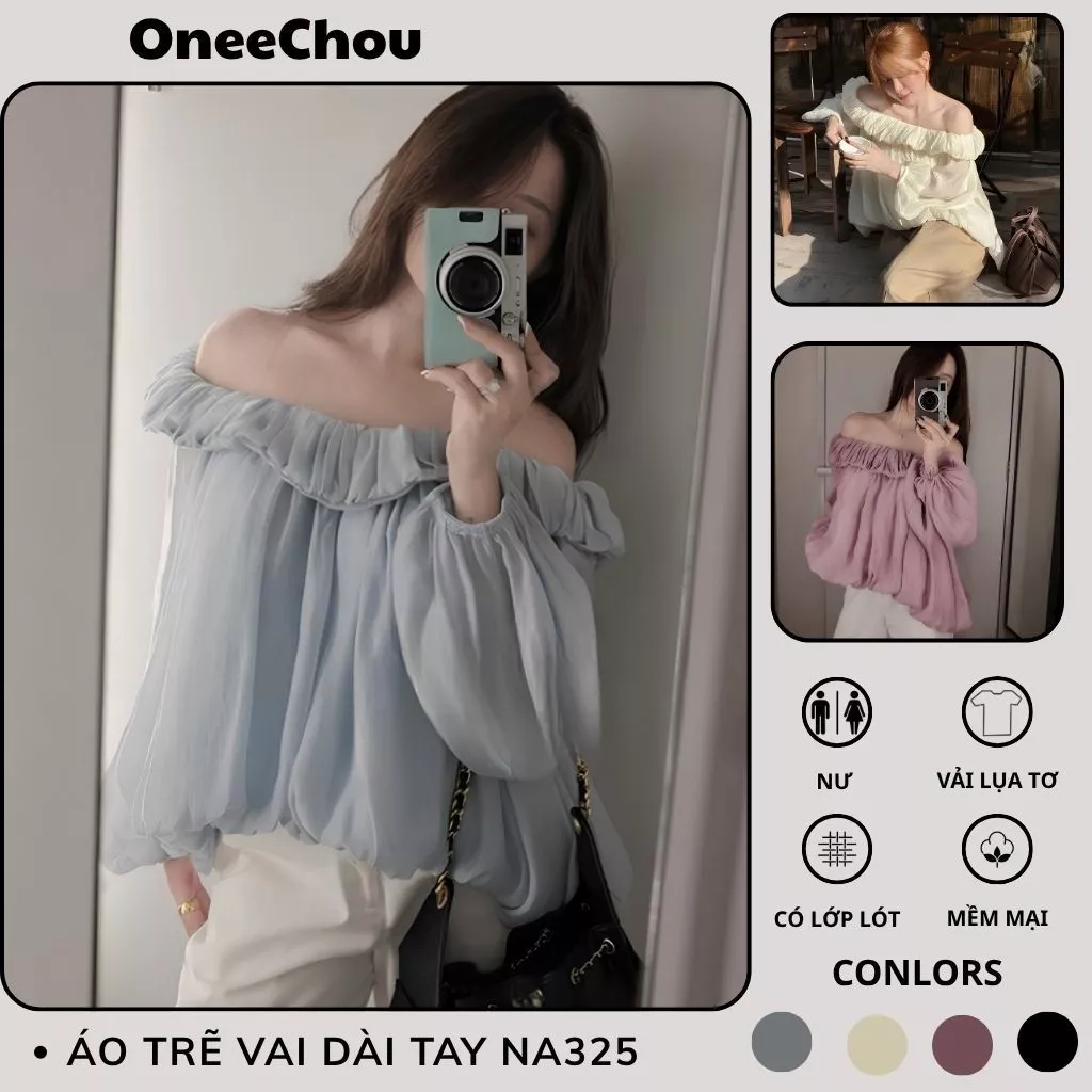 Áo Trễ Vai Dáng Babydoll Tay Dài Bèo Tơ Có 4 Màu Xanh,Hồng,Kem,Nâu Tây Dáng Xinh Tỷ Tỷ Trung Quốc NA325