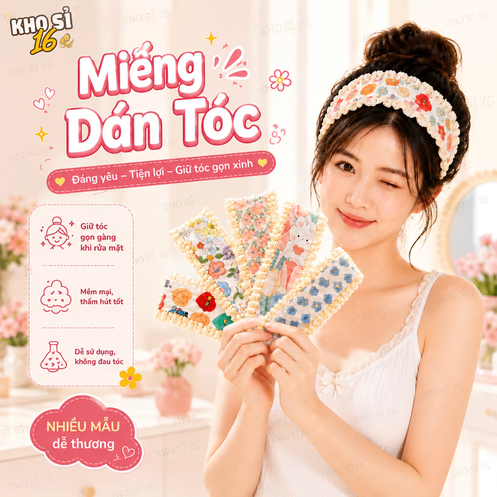 Băng đô Dán Tóc Họa Tiết Dễ Thương Phong Cách Hàn Quốc, Chất Vải Ren, Cố Định Tóc Gọn Gàng_khosi16