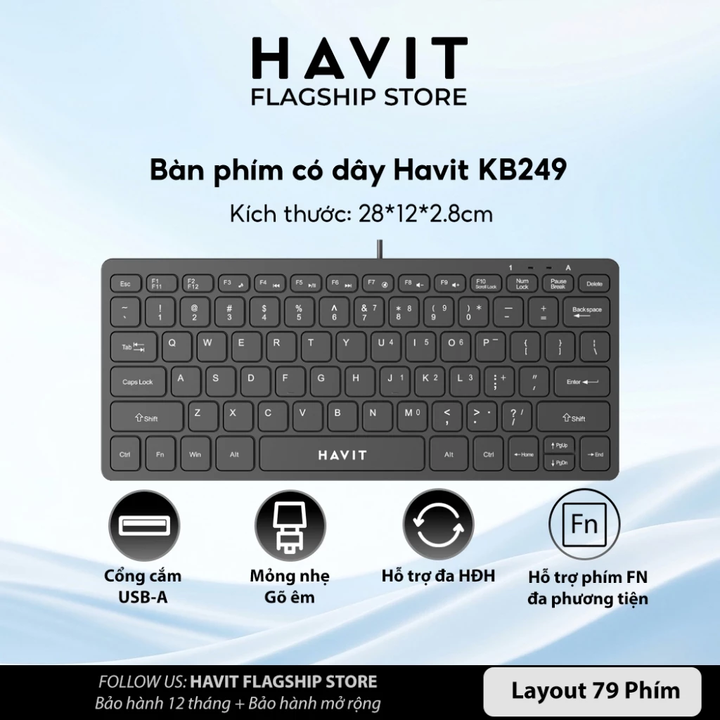 Bàn Phím Có Dây Havit KB249 Layout 79 Phím | Kiểu Dáng Mini Gọn Nhẹ