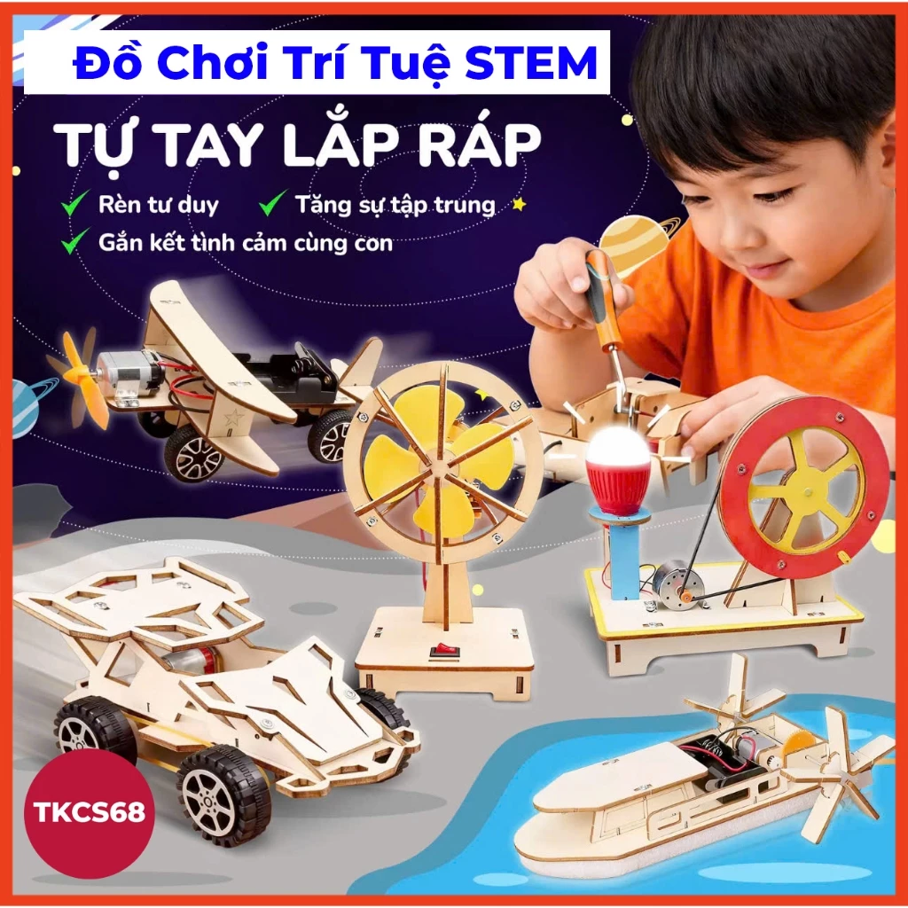 Mô Hình Lắp Ráp STEAM 3D Bằng Gỗ, Đồ Chơi Trí Tuệ Stem Máy Phát Điện,  Cối Xay Gió, Vệ Tinh, Xe Tăng Nhiều Mẫu Lựa Chọn