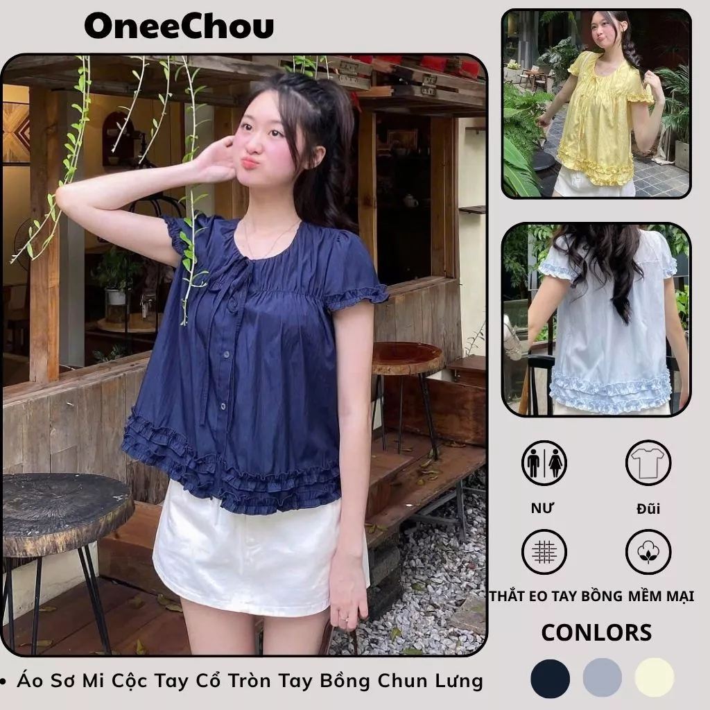 Áo Viền Bèo Chun Ngực Cúc Dọc Cổ Nơ Gió Hàn - Áo Kiểu Thiết Kế Tiểu Thư A4001
