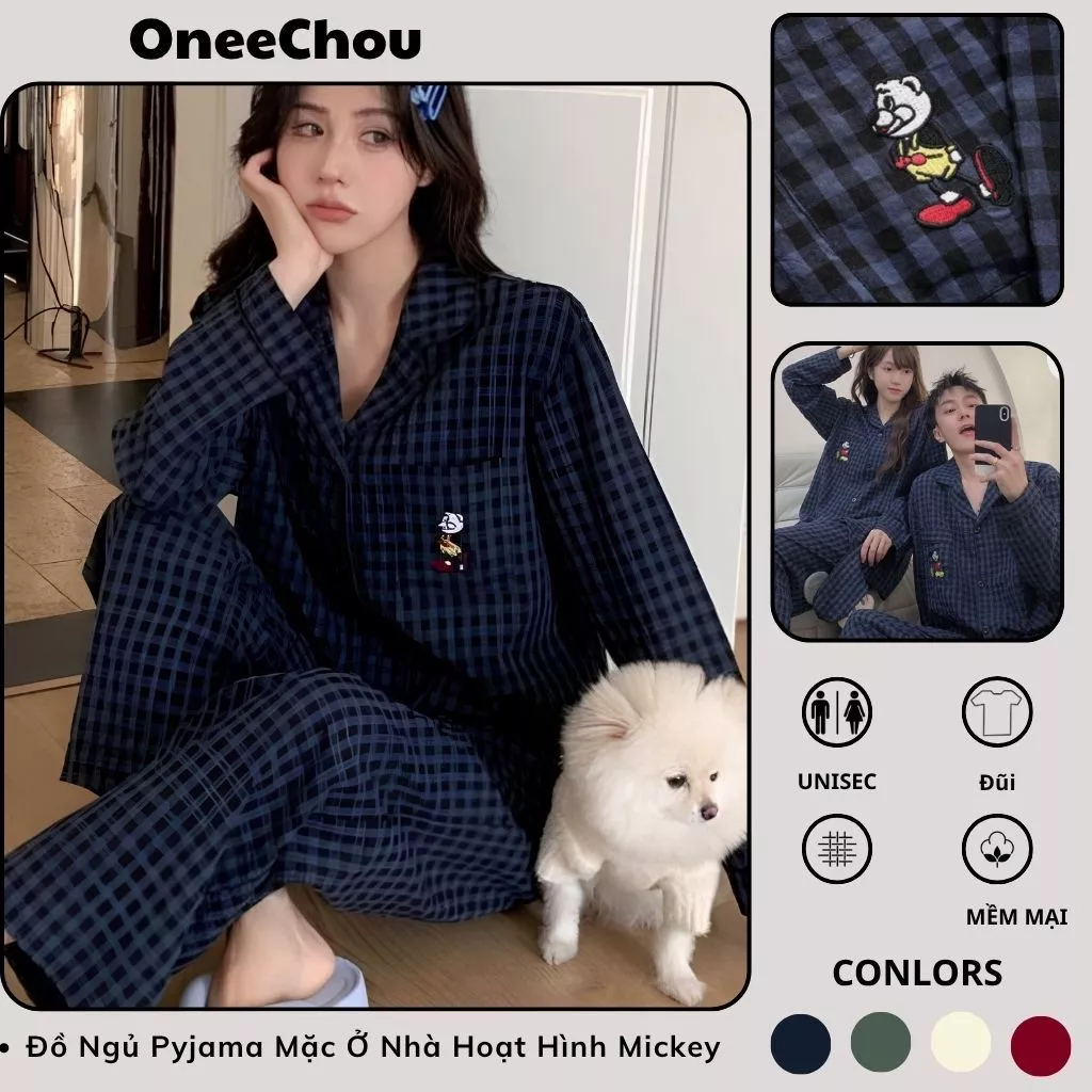 Đồ Ngủ Pyjama Mặc Ở Nhà Hoạt Hình Mickey Dành Cho Nam Nữ Mùa Xuân và Mùa Thu Đồ Ngủ Hai Chiếc Rộng Rãi Kẻ Sọc Dài Tay