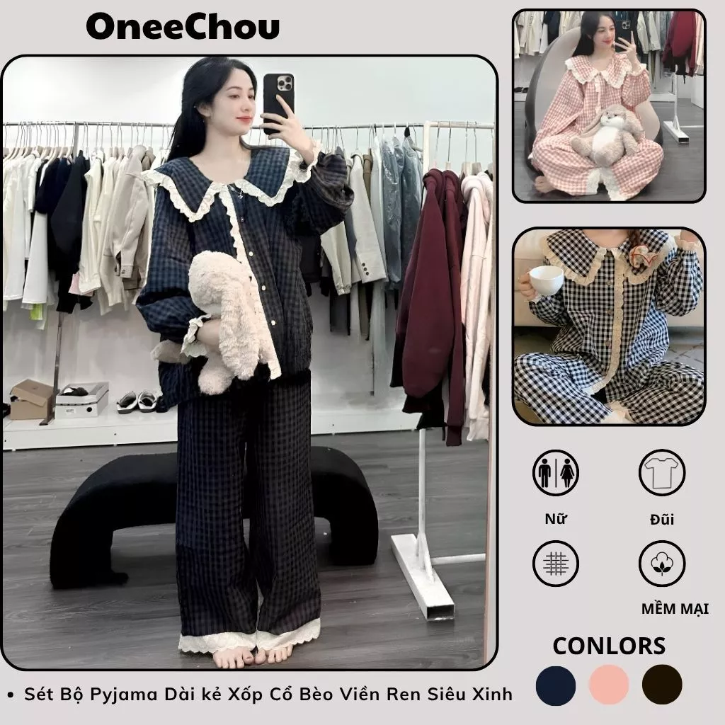 Sét Bộ Pyjama Dài kẻ Xốp Cổ Bèo Viền Ren Siêu Xinh- Bộ Ngủ Mặc Nhà Cổ Bèo Xinh Chất Liệu Thoải Mặc Quanh Năm