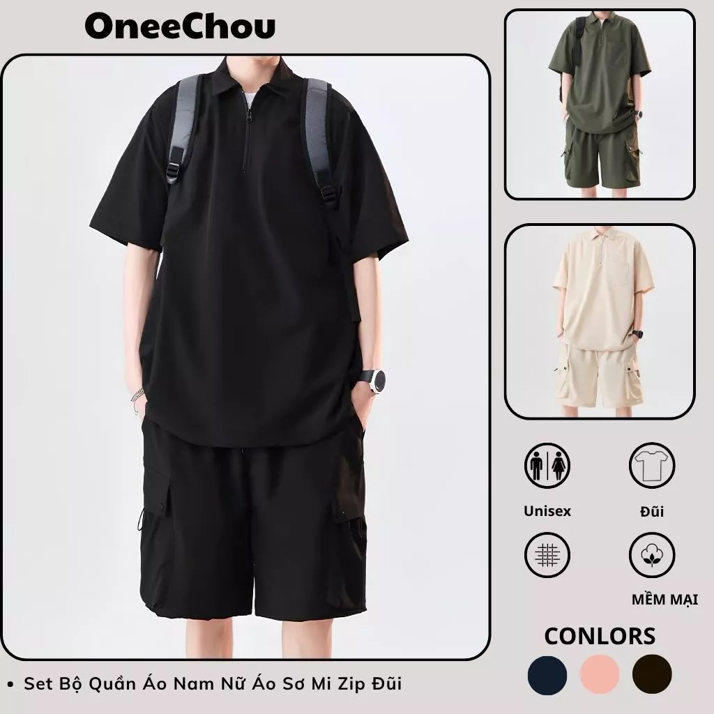 Set Bộ Quần Áo Sơ Mi Zip Đũi Chất Cotton Đũi Cao Cấp, Áo Cộc Tay Lỡ Unisex Basic, Full Logo Tag, Hợp Mọi Thời Đại