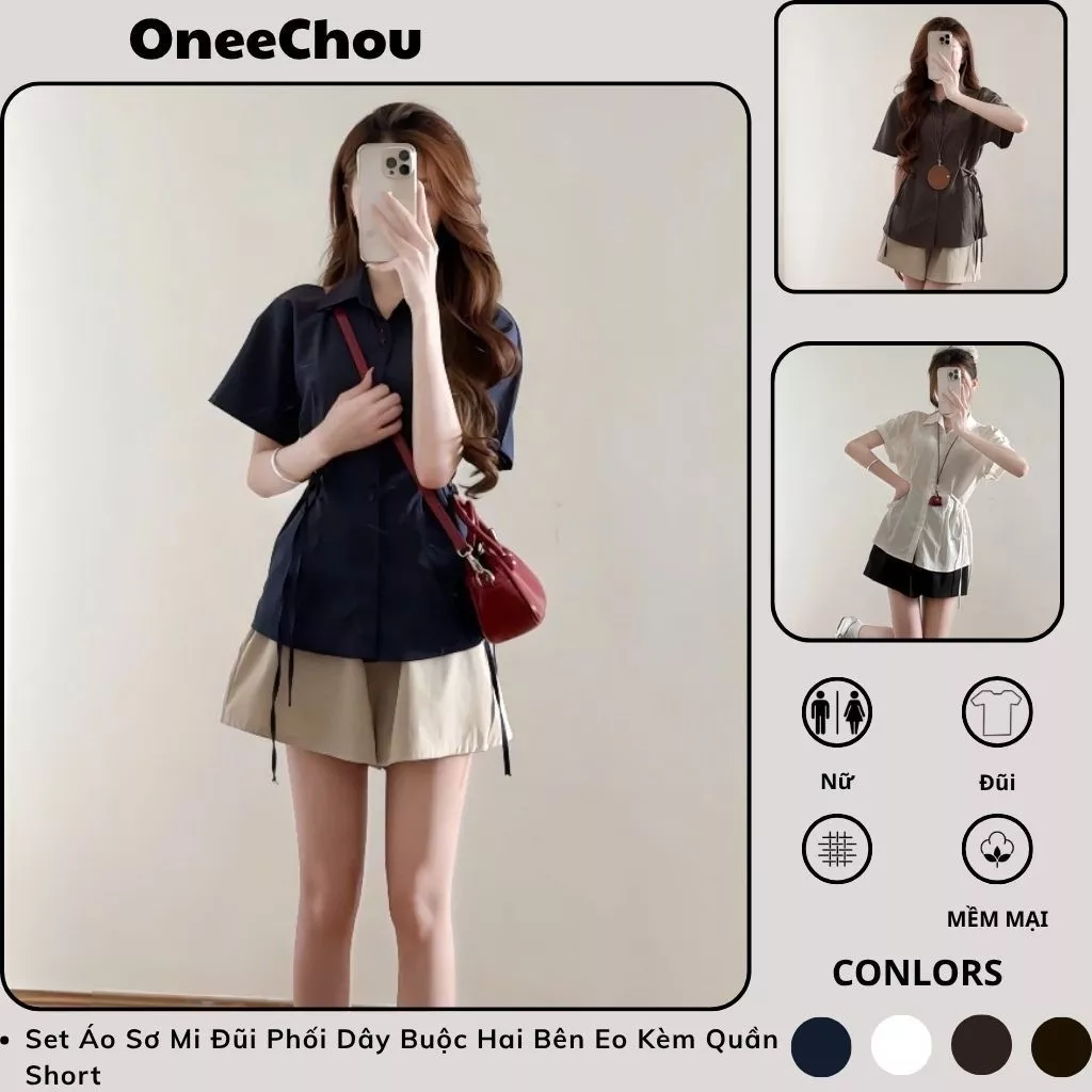 Set Áo Sơ Mi Đũi Phối Dây Buộc Hai Bên Eo Kèm Quần Short Cạp chun, Chất Vải Đũi Ngân Tạo Cảm Giác Mặc Thoải Mái Dễ Chịu