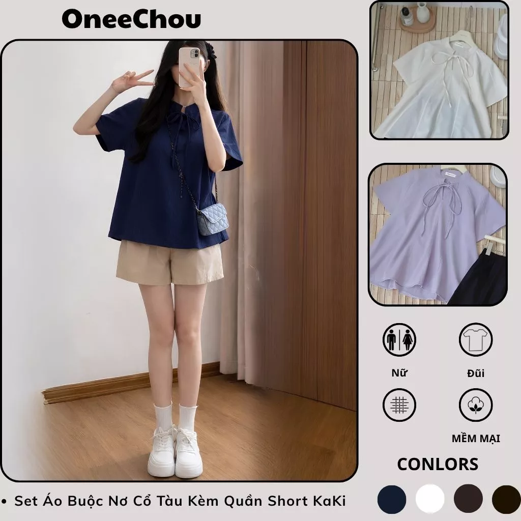 Set Áo Buộc Nơ Cổ Tàu Kèm Quần Short KaKi Ông Rộng Trẻ Siêu Xinh Phong Cách Hàn Quốc