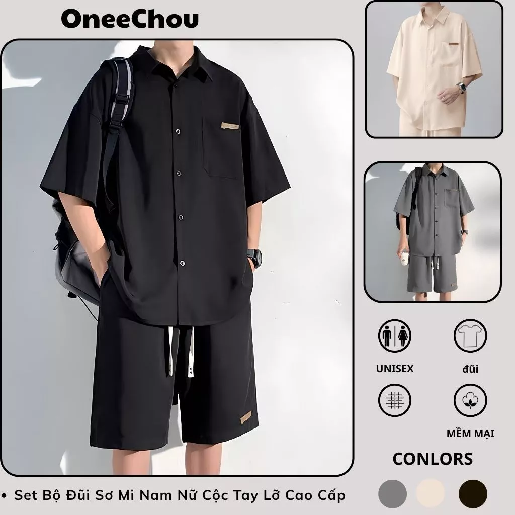 Set Bộ Đũi Sơ Mi Nam Nữ Cộc Tay Lỡ Cao Cấp, Bộ Sơ Mi Cộc Form Rộng Dáng Unisex Màu Bassic Full Tag Logo Sịn Sò Hot Hit
