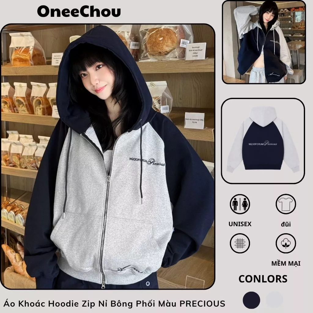 Áo Khoác Hoodie Zip Nỉ Bông Phối Màu PRECIOUS Form Rộng Nam Nữ Unisex 2 Màu Xanh Than Và Xám Tiêu (Không xù lông)