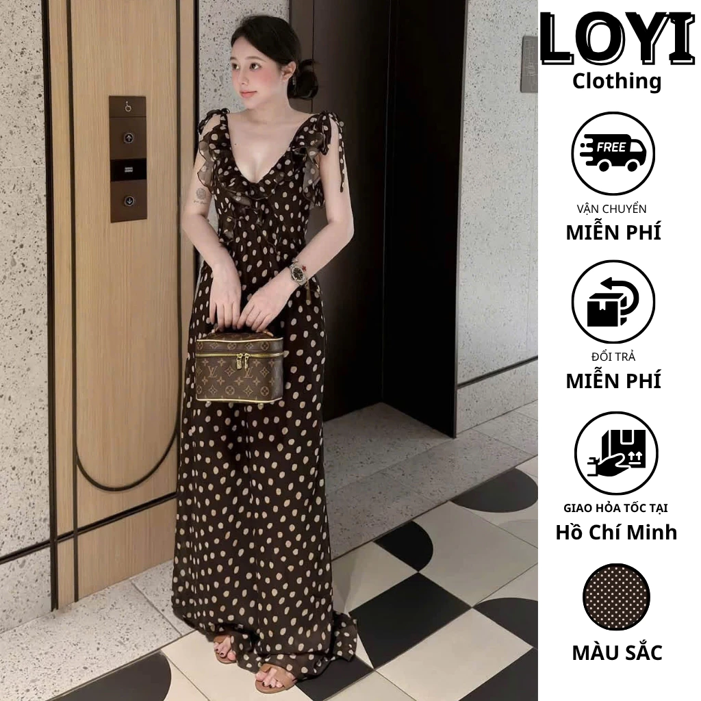 [Hỏa Tốc] Váy Maxi Chấm Bi Cổ Chữ V Phối Bèo Tay, Váy Nữ Dáng Dài Tiểu Thư, Đi Chơi Đi Cafe Du Lịch